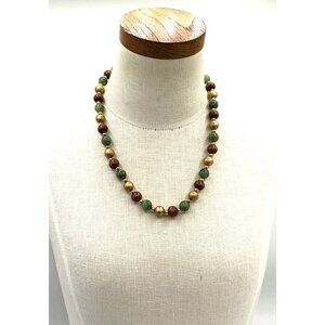 Vintage Green and Brown Resin Bead Necklace With Gold-Tone Accents